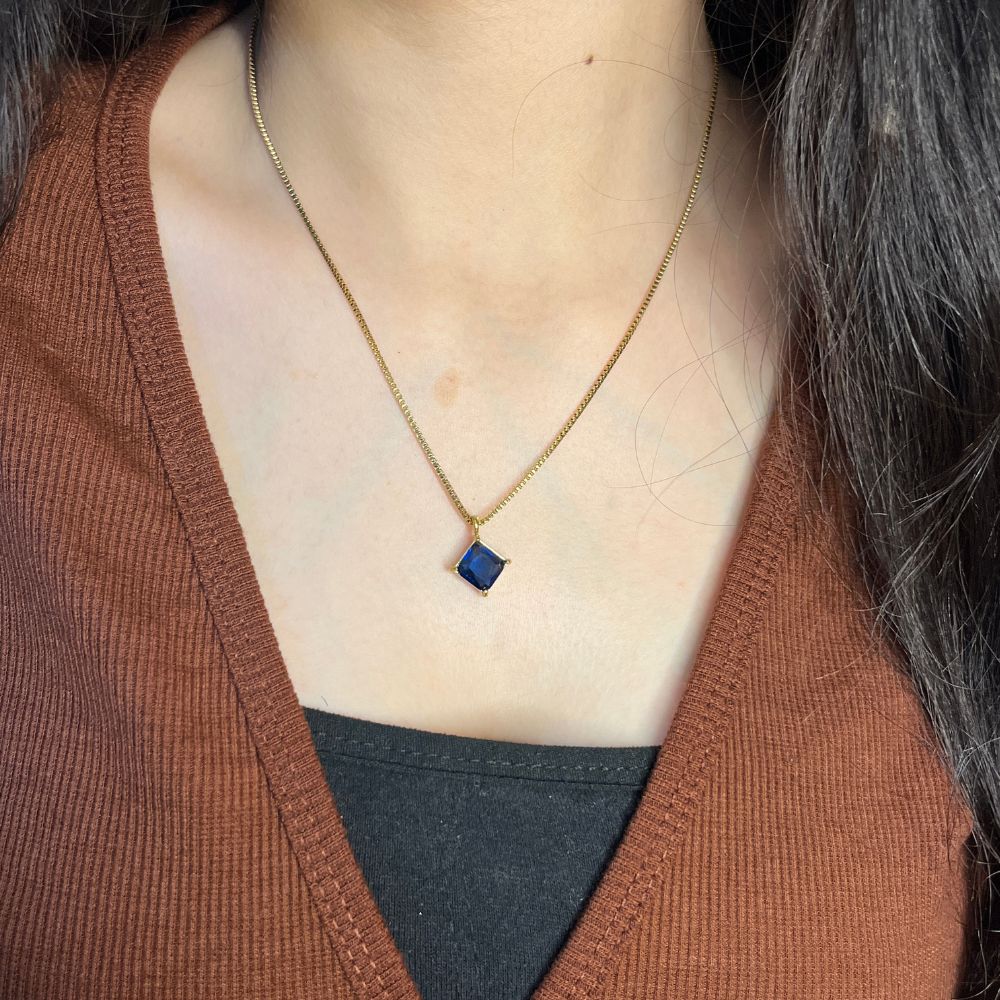 Blue Square Pendant - 18K Gold Plated