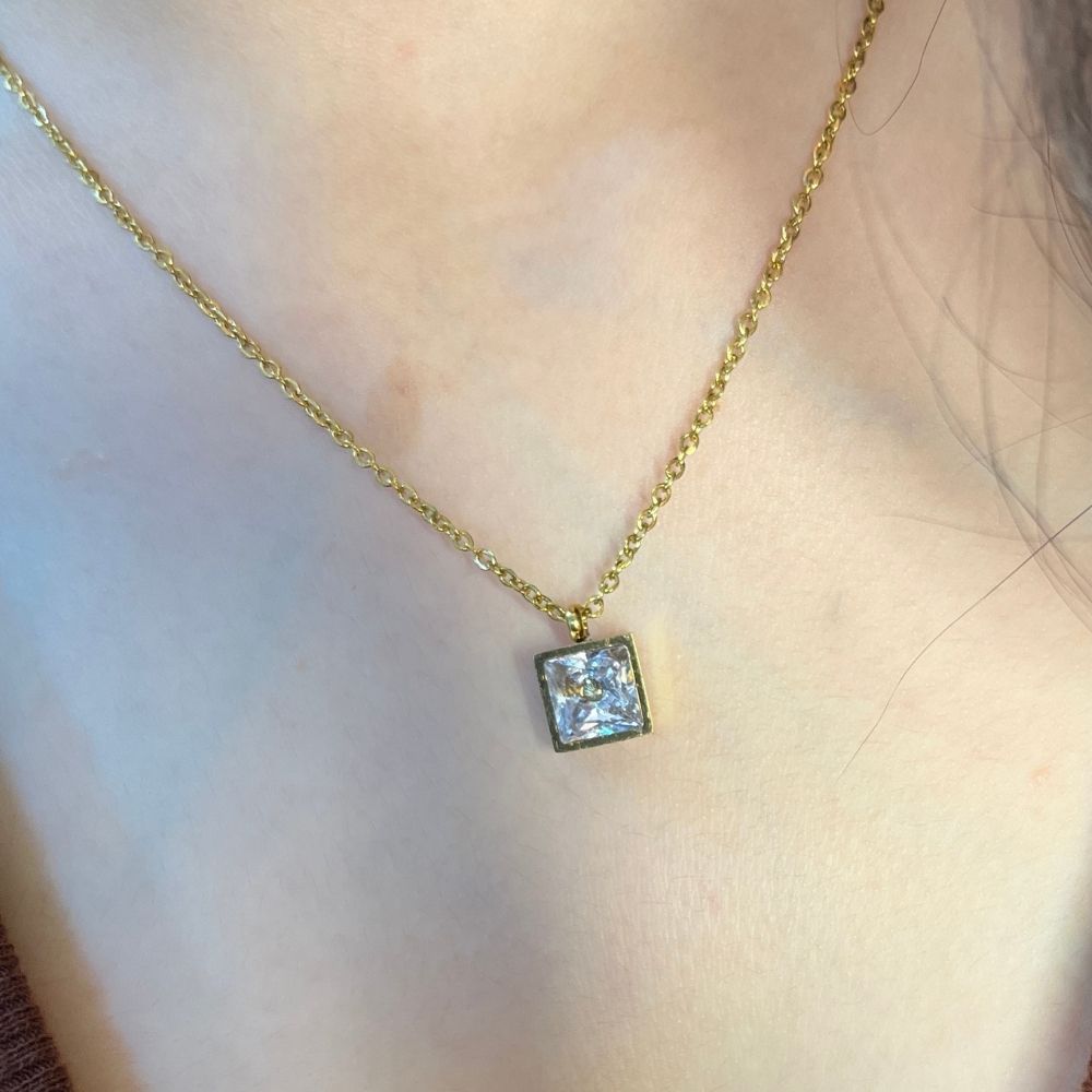 Square White Stone Necklace  - 18K Gold Plated