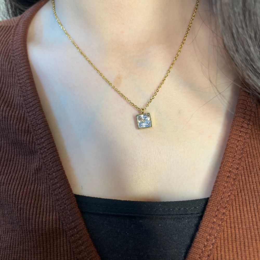 Square White Stone Necklace  - 18K Gold Plated