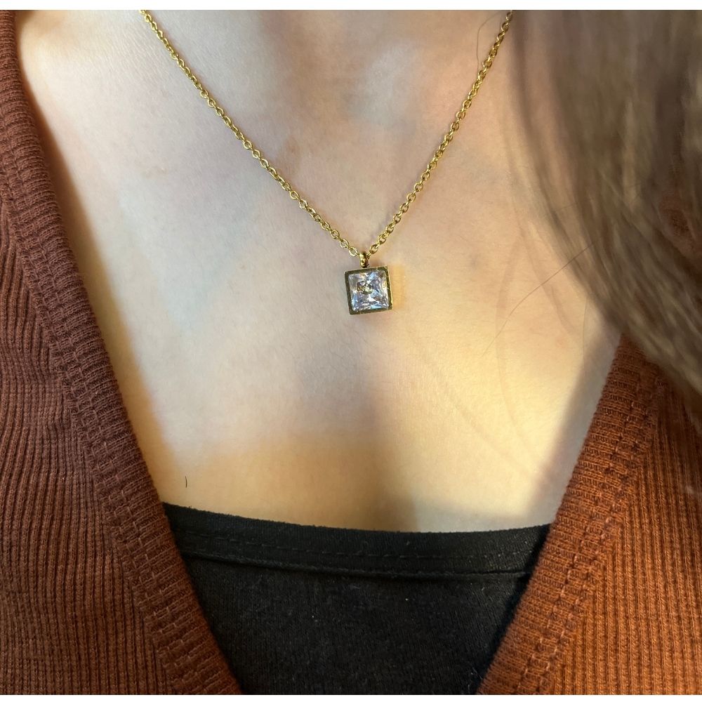 Square White Stone Necklace  - 18K Gold Plated