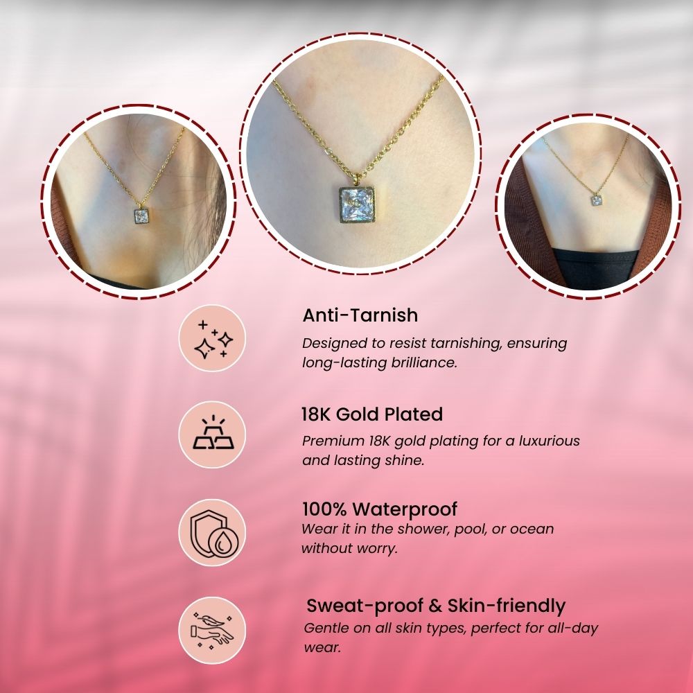 Square White Stone Necklace  - 18K Gold Plated